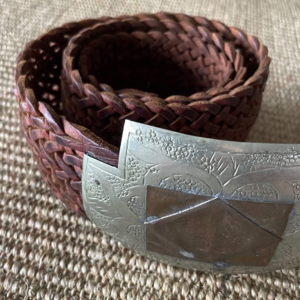 Vintage Brown Leather Braided Hip Belt Brass Silver Tone GeometricBuckle Morocco